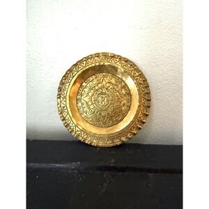 Vintage Brass Aztec Sun Stone Engraving Plate, Mesoamerican Calendar Wall Art